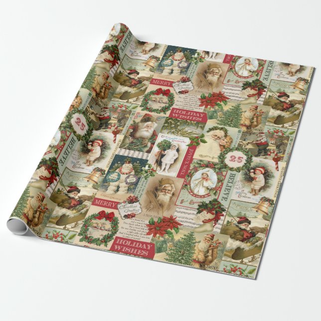 Retro Vintage Christmas Cards Collage Wrapping Paper (Unrolled)