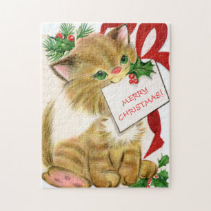 retro vintage Christmas cat Holiday Jigsaw Puzzle