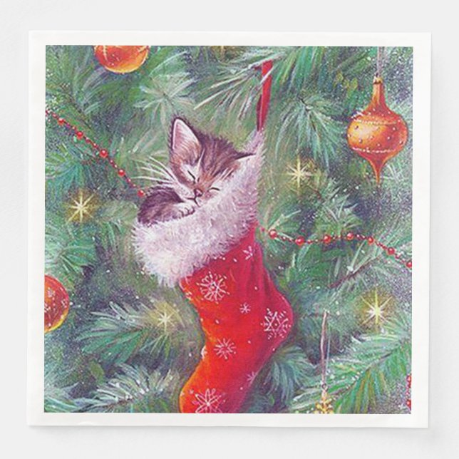 Retro vintage Christmas cat Holiday Napkin (Front)
