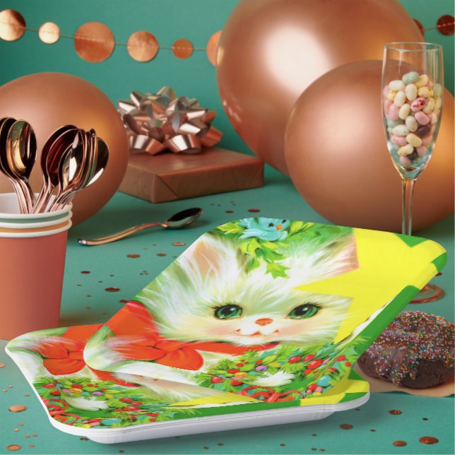 Retro vintage Christmas cat Holiday party Paper Plate (Multi)