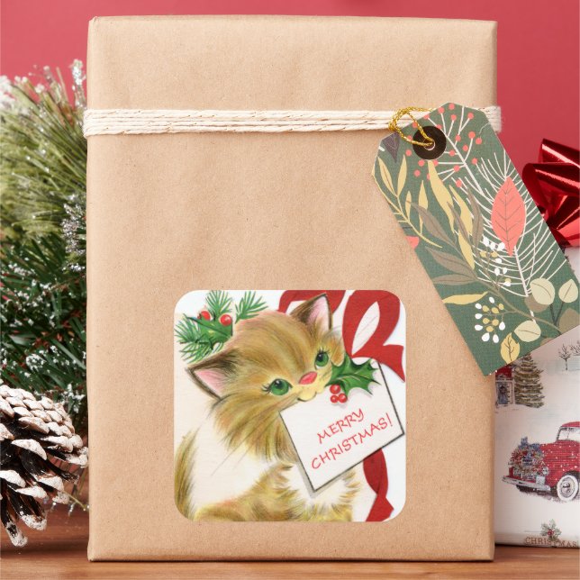 retro vintage Christmas cat Holiday Square Sticker (Holiday)