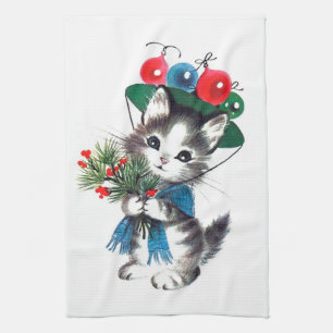 Retro vintage Christmas cat kitchen Towel