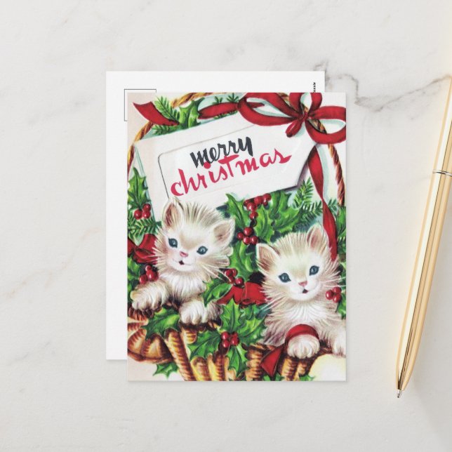 retro vintage Christmas cat lover Holiday Postcard (Front/Back In Situ)