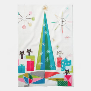 retro vintage Christmas cats Holiday kitchen Towel