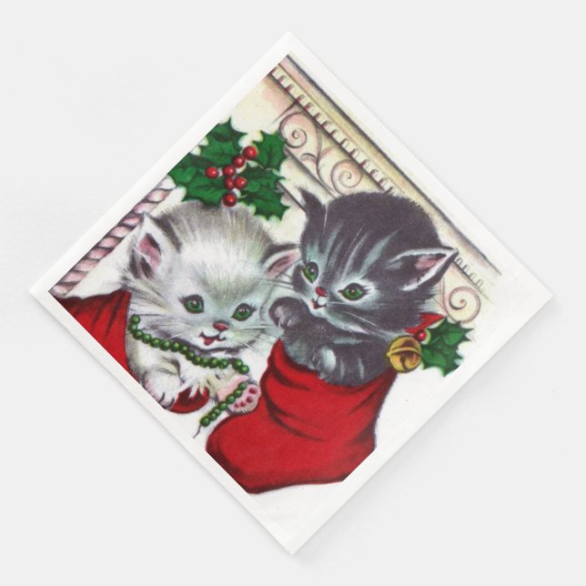Retro Vintage Christmas cats Holiday party  Napkin (Corner)
