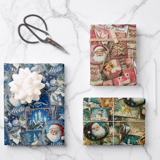 Retro Vintage Christmas Collage Trio Wrapping Paper Sheet (Front)