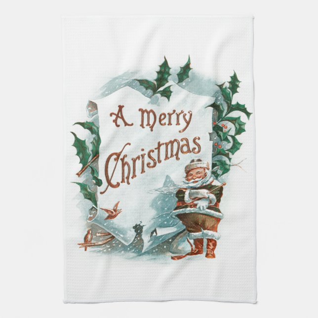 Retro Vintage Christmas Cool Santa Greeting Kitchen Towel (Vertical)