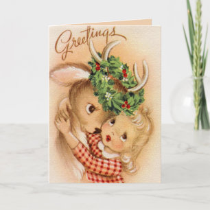 retro vintage Christmas deer girl add sentiment Holiday Card