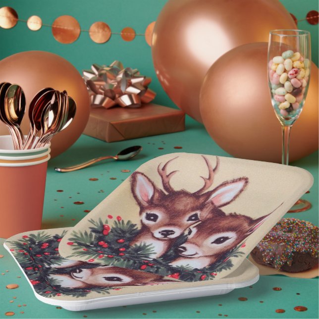 retro vintage Christmas deer Holiday Paper Plate (Multi)