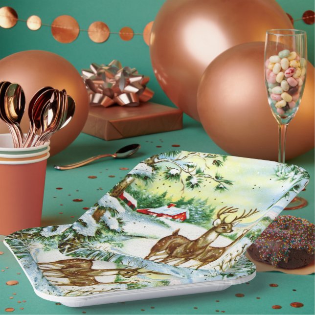 retro vintage Christmas deer Holiday Paper Plate (Multi)