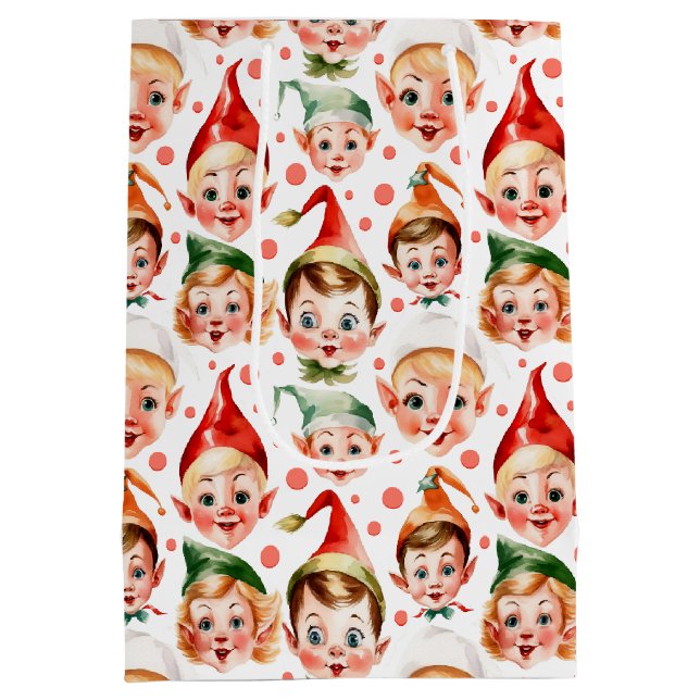 Retro Vintage Christmas Elf Faces  Medium Gift Bag (Back)