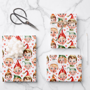 Retro Vintage Christmas Elf Faces  Wrapping Paper Sheet