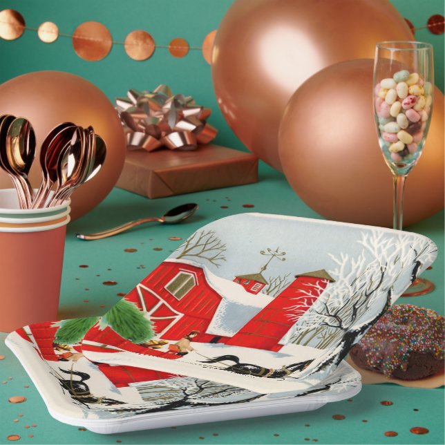 retro vintage Christmas farm Holiday party Paper Plate (Multi)