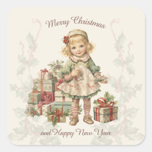 Retro Vintage Christmas Girl Gifts Square Sticker