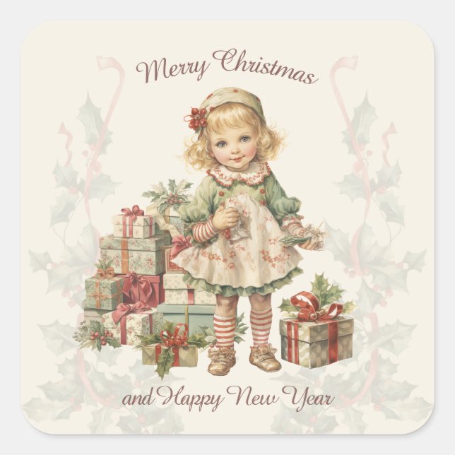 Retro Vintage Christmas Girl Gifts Square Sticker (Front)
