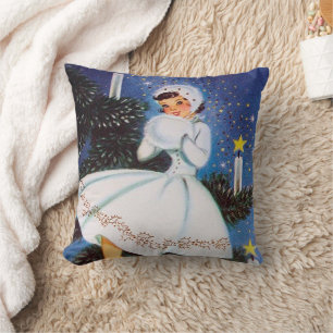 retro vintage Christmas girl Holiday Throw Pillow
