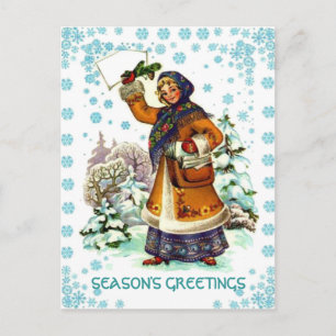Retro Vintage Christmas, Girl with a basket Holiday Postcard