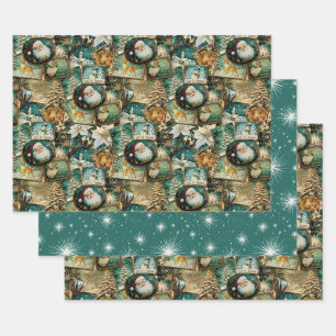 Retro Vintage Christmas: Green Collage Wrapping Paper Sheet