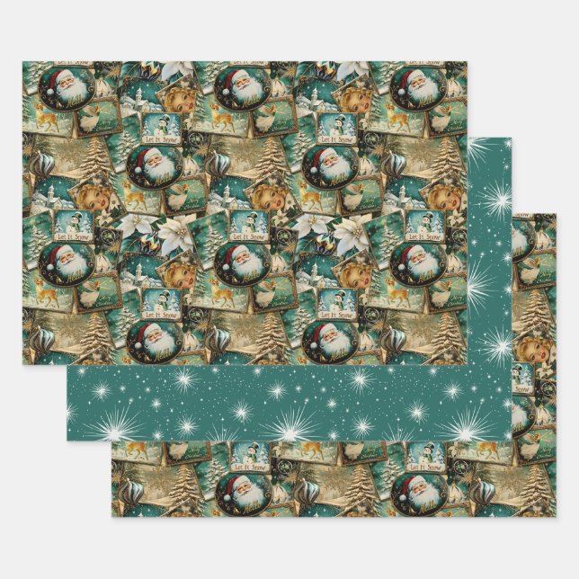 Retro Vintage Christmas: Green Collage Wrapping Paper Sheet (Set)