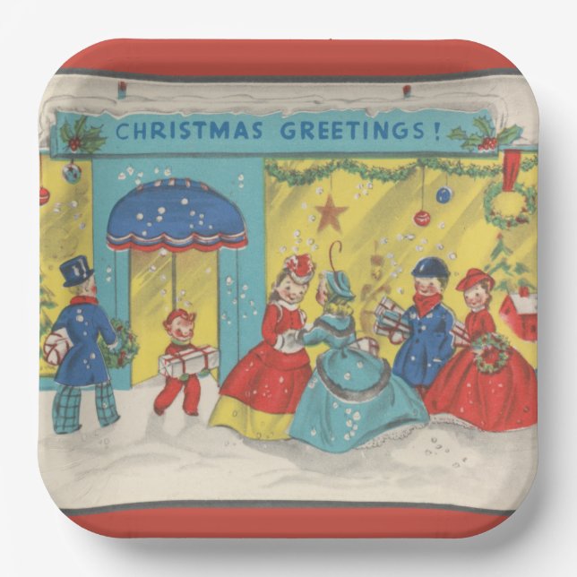 Retro Vintage Christmas Greetings Antique Winter Paper Plate (Front)