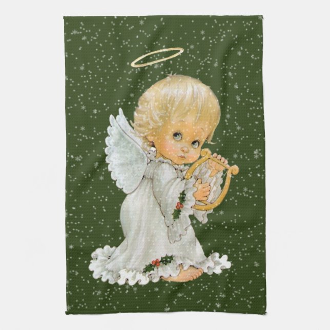 retro vintage Christmas Holiday Angel Kitchen Towel (Vertical)