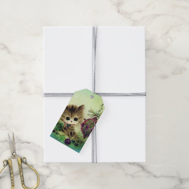 Retro Vintage Christmas Holiday cat add name tag (With Twine)