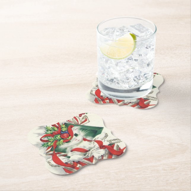Retro Vintage Christmas Holiday cat party coaster (Insitu)