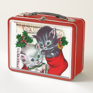 Retro vintage Christmas Holiday cats lunch box