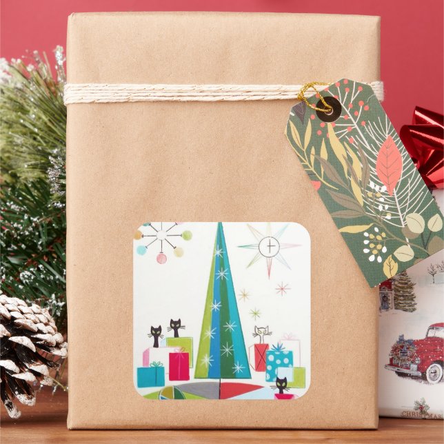 Retro vintage Christmas Holiday cats sticker (Holiday)