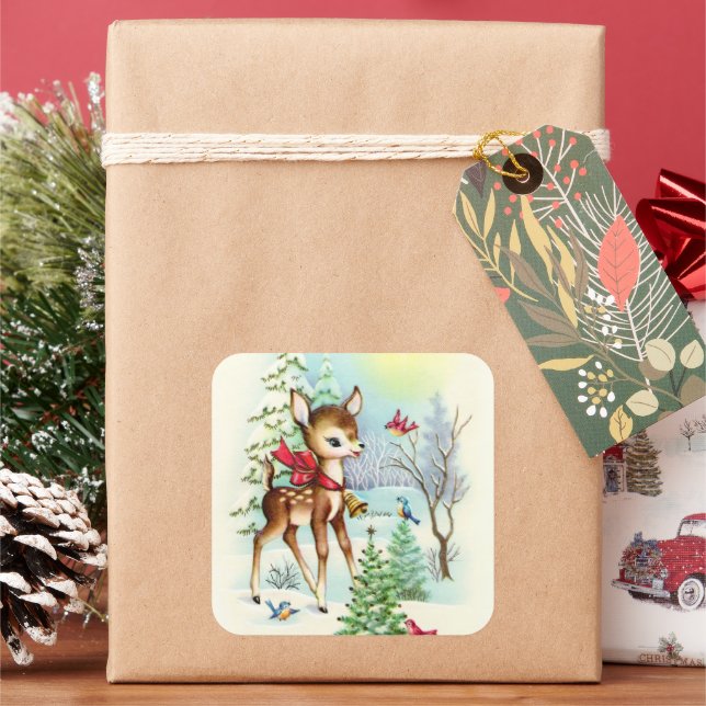 Retro vintage Christmas Holiday deer Square Sticker (Holiday)
