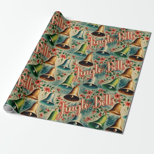 Retro Vintage Christmas "Jingle Bells" Wrapping Paper (Unrolled)