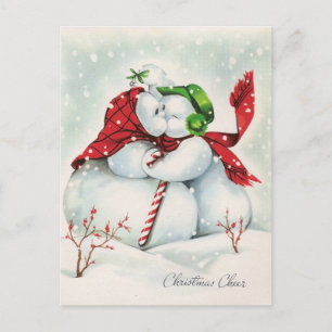 retro vintage Christmas kissing snow couple Holiday Postcard