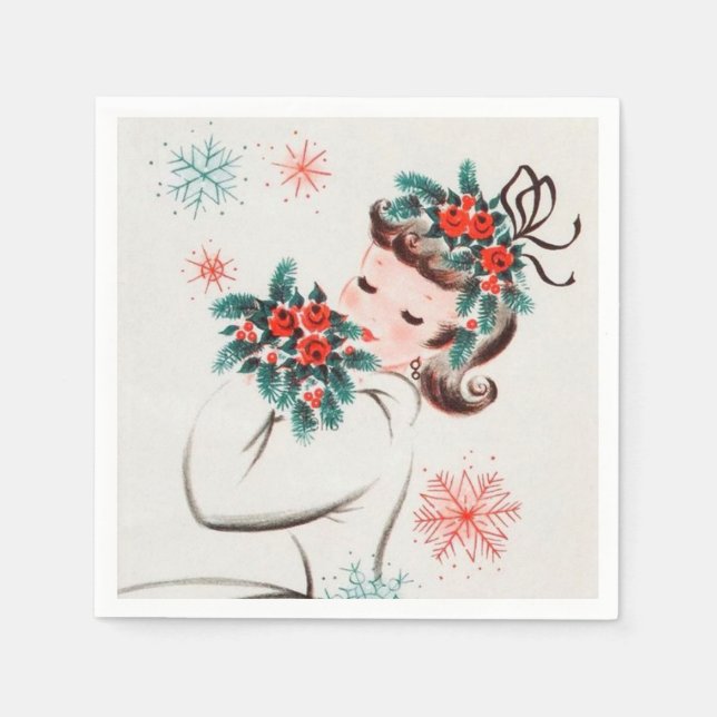 retro vintage Christmas lady Holiday  Napkin (Front)