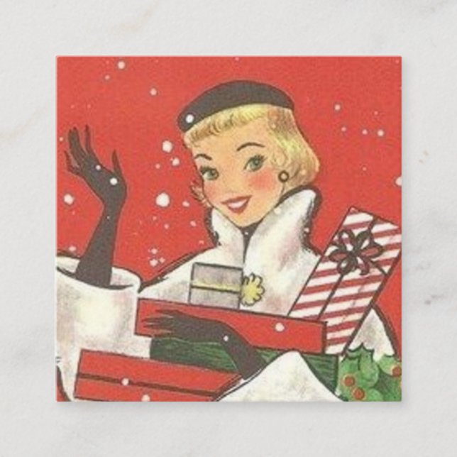 retro vintage Christmas lady Holiday Square Business Card (Front)