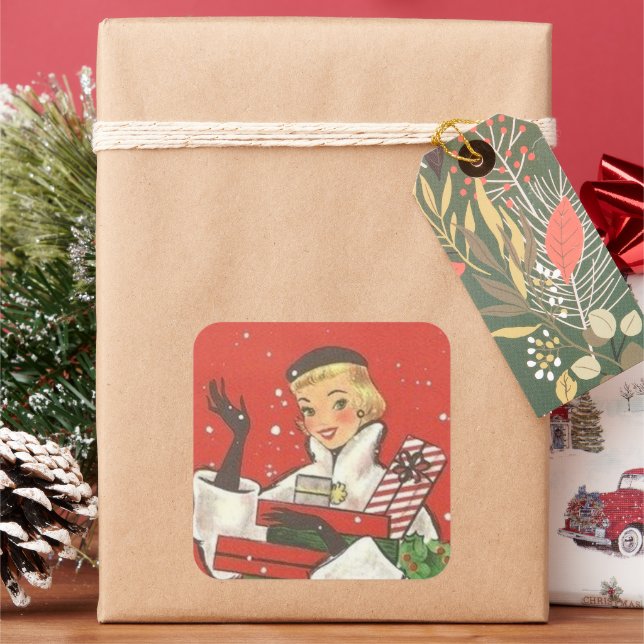 retro vintage christmas lady Holiday Square Sticker (Holiday)