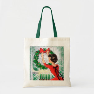 retro vintage Christmas lady Holiday Tote Bag
