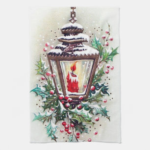 retro vintage Christmas lantern Kitchen Towel