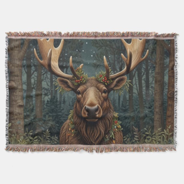 Retro vintage Christmas Moose Throw Blanket (Front)