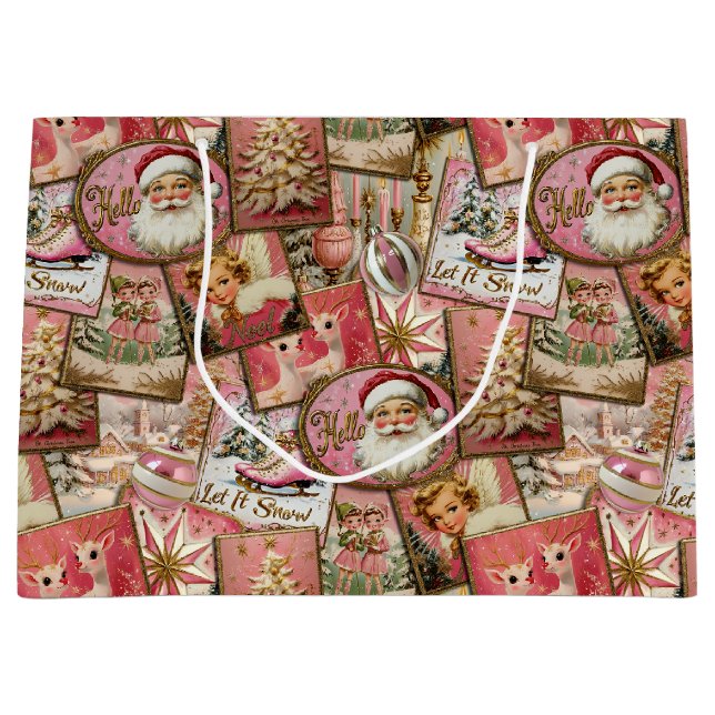 Retro Vintage Christmas: Pink Collage Large Gift Bag (Front)