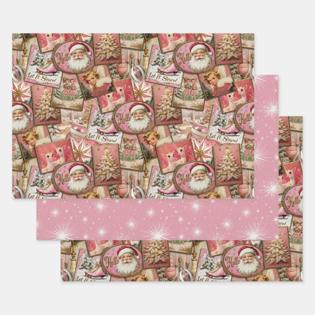 Retro Vintage Christmas: Pink Collage Wrapping Paper Sheet (Set)