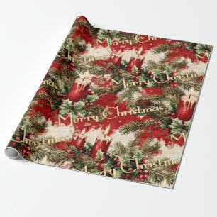 Retro Vintage Christmas: Red Candles & Holly  Wrapping Paper