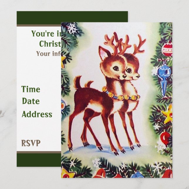 Retro vintage Christmas reindeer add information Invitation (Front/Back)