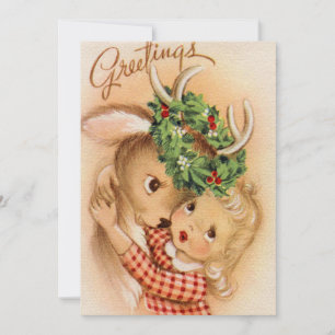 retro vintage Christmas reindeer and girl Holiday Card