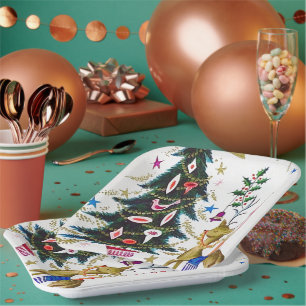 Retro vintage Christmas reindeer and tree party Paper Plate