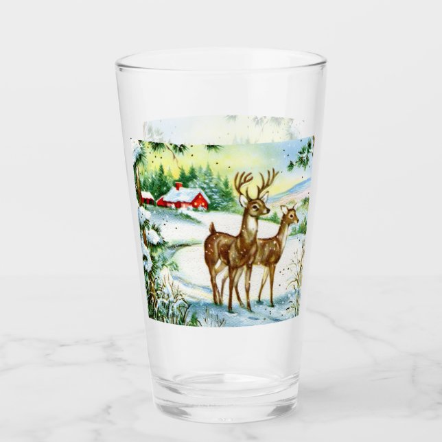 Retro vintage Christmas reindeer Holiday Glass (Front)