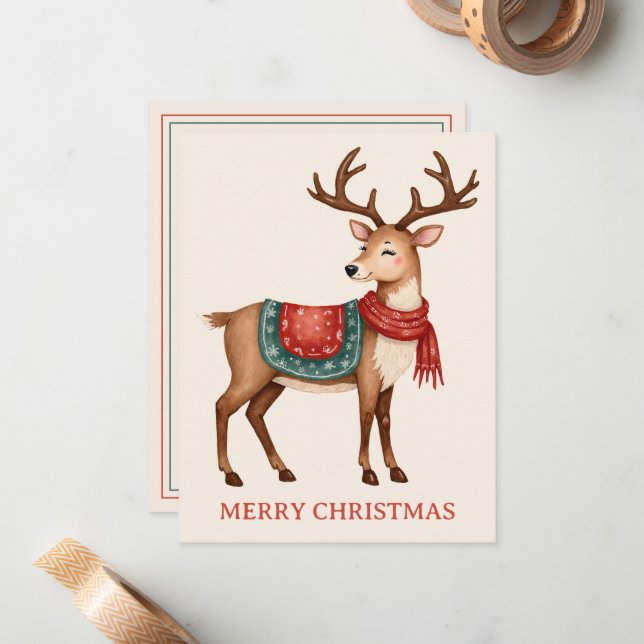 Retro Vintage Christmas Reindeer Personalized Card (Front/Back In Situ)