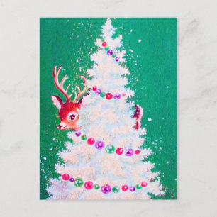 Retro vintage Christmas reindeer tree postcard