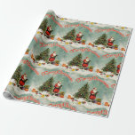 Retro Vintage Christmas Santa Claus Vignette Wrapping Paper<br><div class="desc">This retro vintage Christmas wrapping paper features a nostalgic scene that captures the essence of a winter wonderland. The background of the paper is adorned with a serene snowy landscape, creating a tranquil outdoor setting. The sky is a soft, icy blue, suggesting a crisp winter day. Beside Santa stands a...</div>