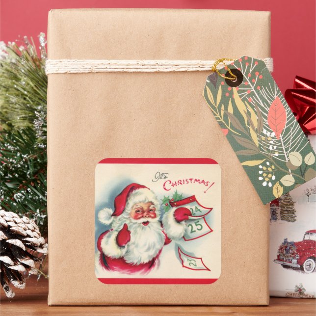retro vintage Christmas Santa Holiday Square Sticker (Holiday)