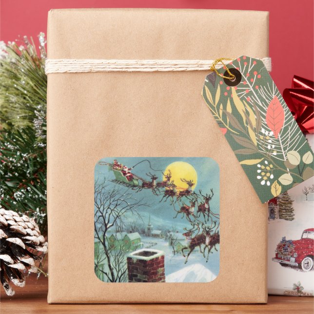 retro vintage Christmas Santa Holiday Square Sticker (Holiday)